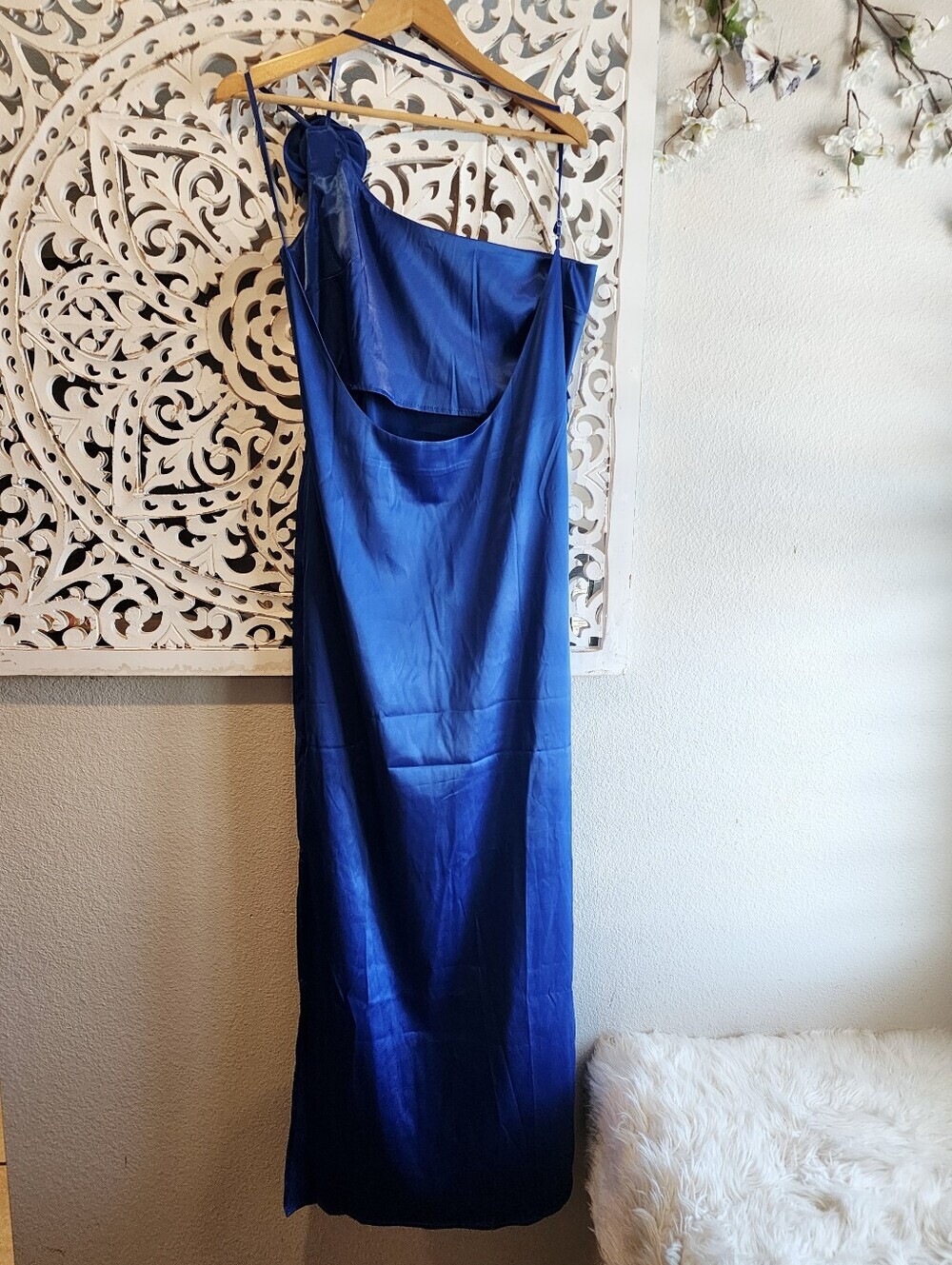 COMMENSE BLUE SATIN NWT OPEN BACK MAXI STRAPS DRESS ROSE DETAIL WOMENS SZ XL - Picture 11 of 16